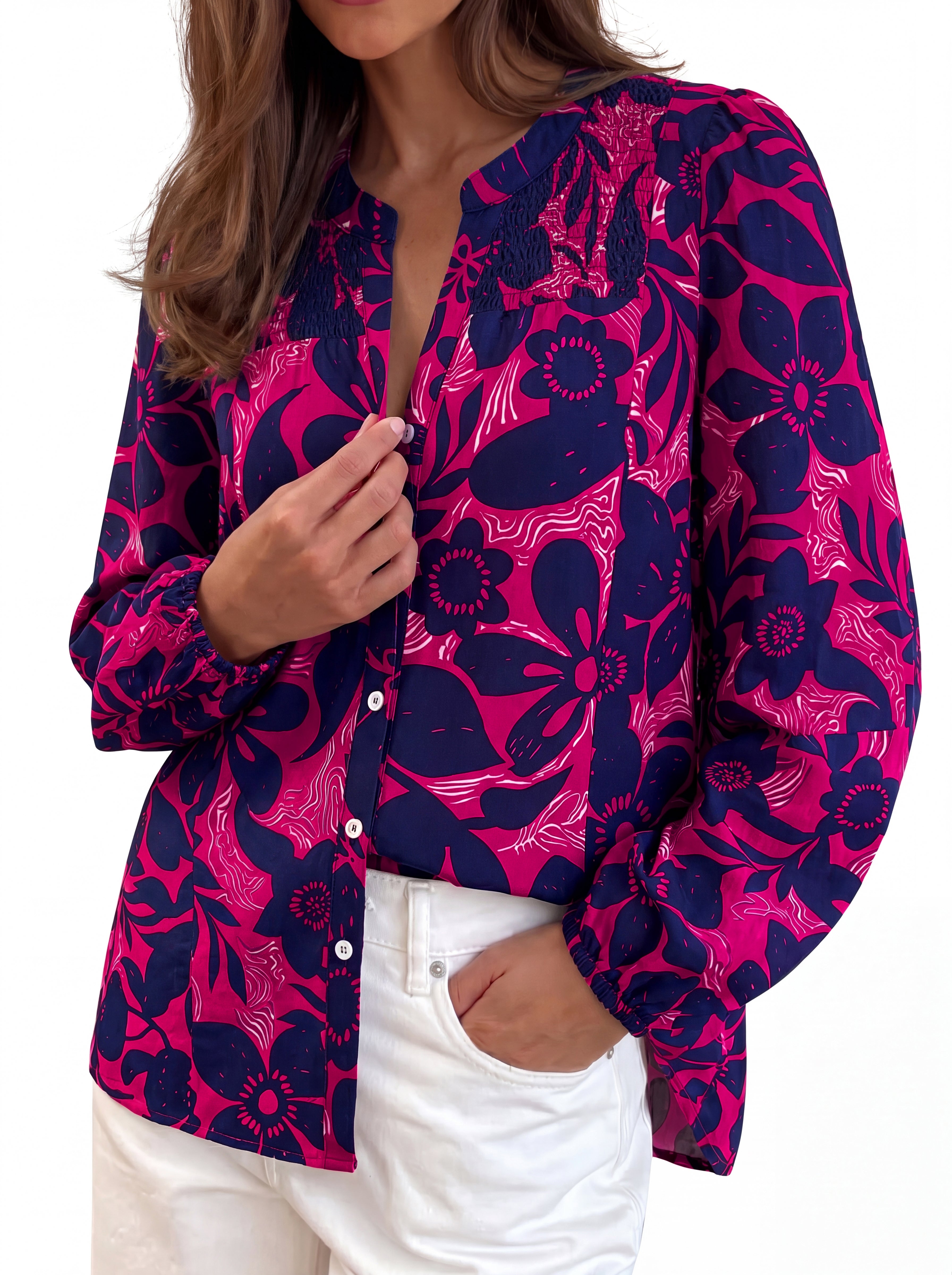 Zenlonr Womens Long Sleeve Button Down Shirts | Boho Floral Tops,Lantern Sleeve Fall Tops,V Neck Shirts,Loose Fit Going Out Work Outfit,Vacation Tops,2026 Fashion Clothes