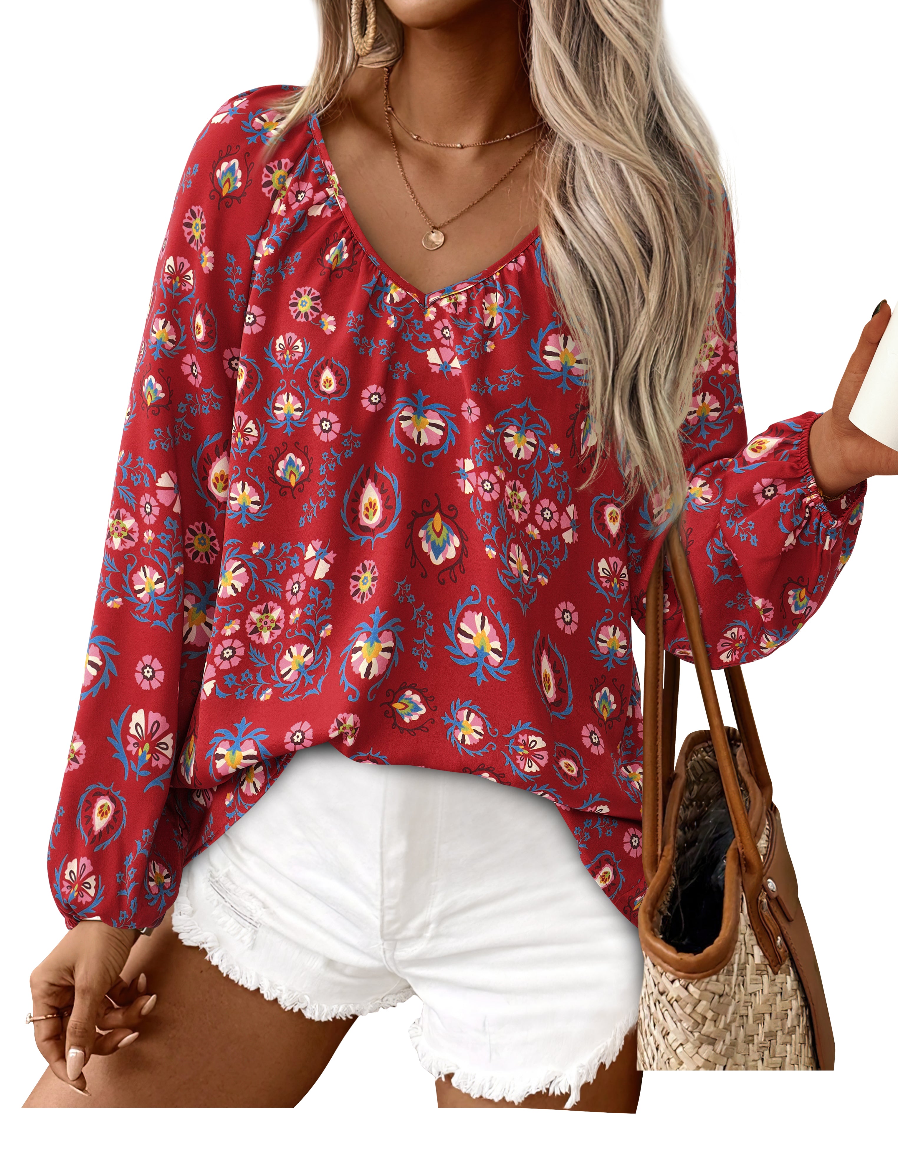 Zenlonr Womens Summer Tops Dressy Casual 2026 V Neck Satin Silk Printed Shirts Boho Long Sleeve Work Blouses