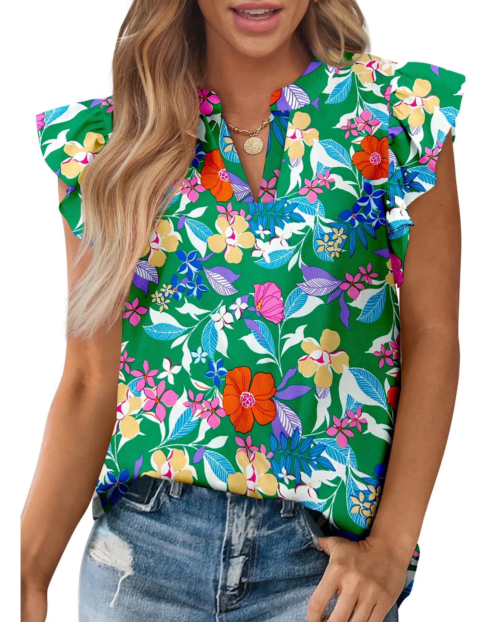 Zenlonr Womens Dressy Casual Tops 2025 Summer Ruffle Cap Sleeve V Neck Shirts Boho Floral Blouses Vacation Outfits
