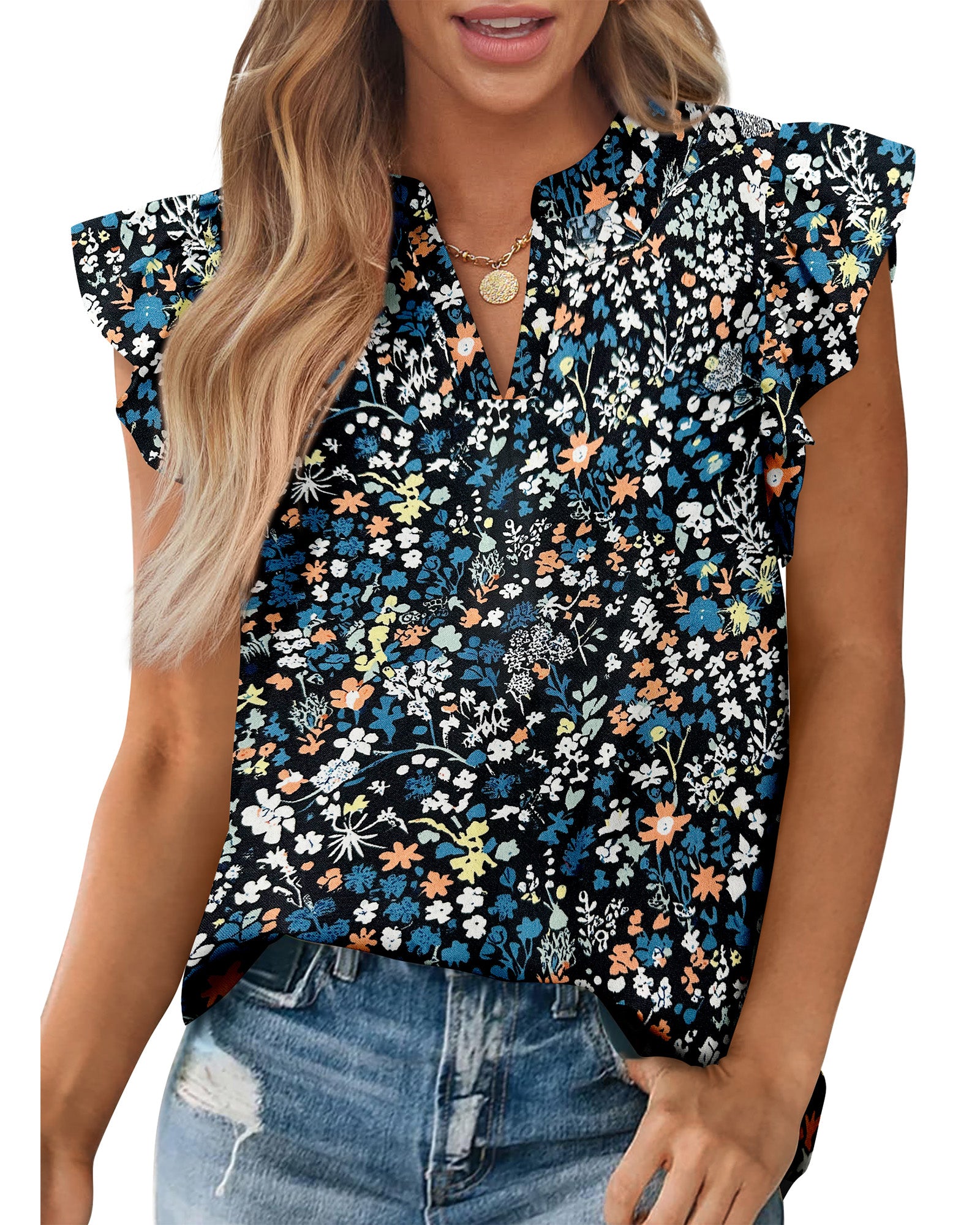 Zenlonr Womens Dressy Casual Tops 2025 Summer Ruffle Cap Sleeve V Neck Shirts Boho Floral Blouses Vacation Outfits