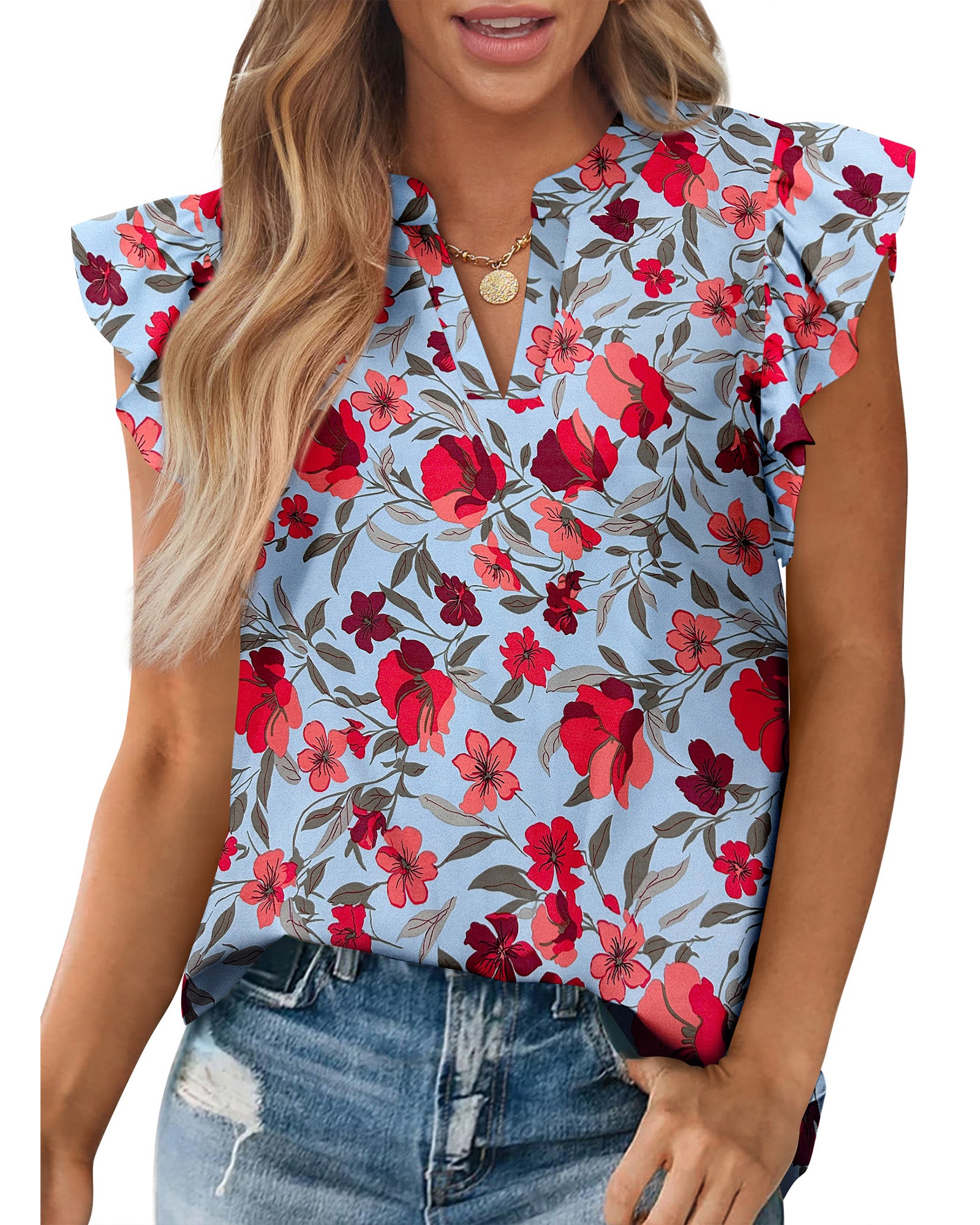 Zenlonr Womens Dressy Casual Tops 2025 Summer Ruffle Cap Sleeve V Neck Shirts Boho Floral Blouses Vacation Outfits