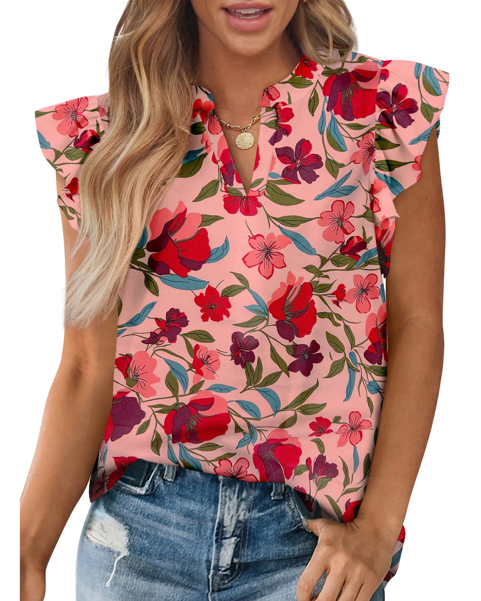 Zenlonr Womens Dressy Casual Tops 2025 Summer Ruffle Cap Sleeve V Neck Shirts Boho Floral Blouses Vacation Outfits