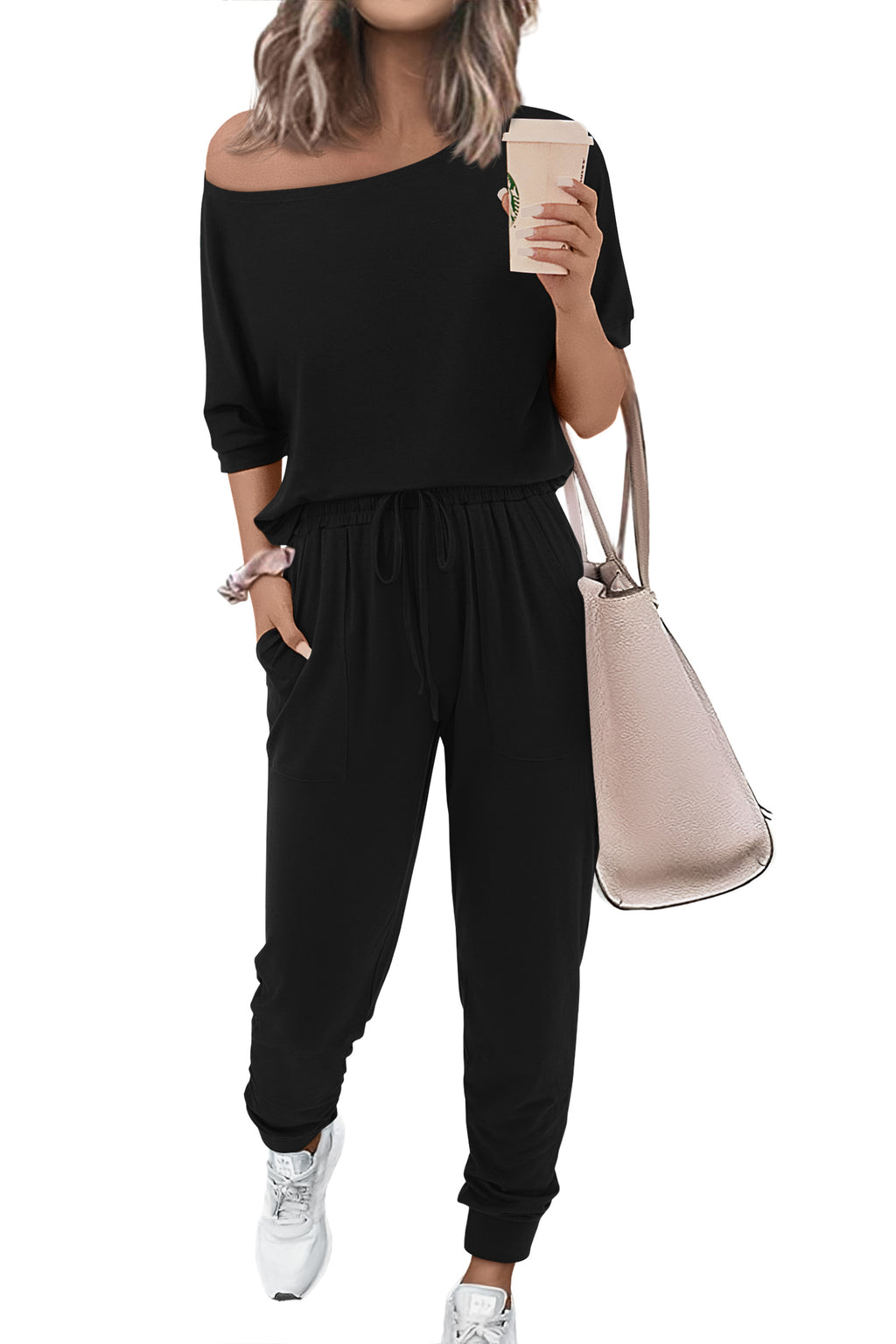 Zenlonr Women Summer 2 Piece Outfits 2026 Off Shoulder Short Sleeve Tops Elastic Waist Drawstring Long Pants Tracksuit