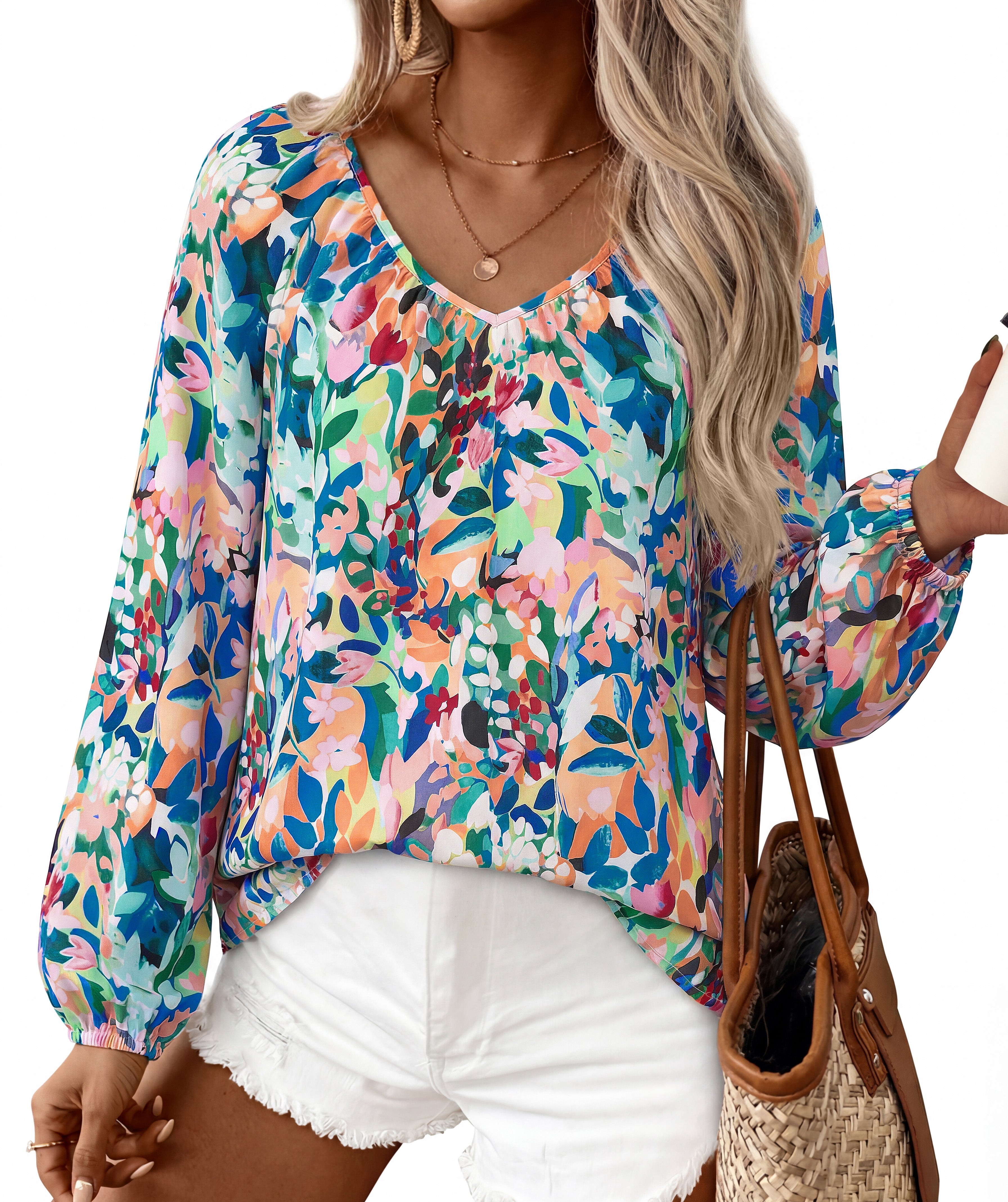 Zenlonr Womens Summer Tops Dressy Casual 2026 V Neck Satin Silk Printed Shirts Boho Long Sleeve Work Blouses