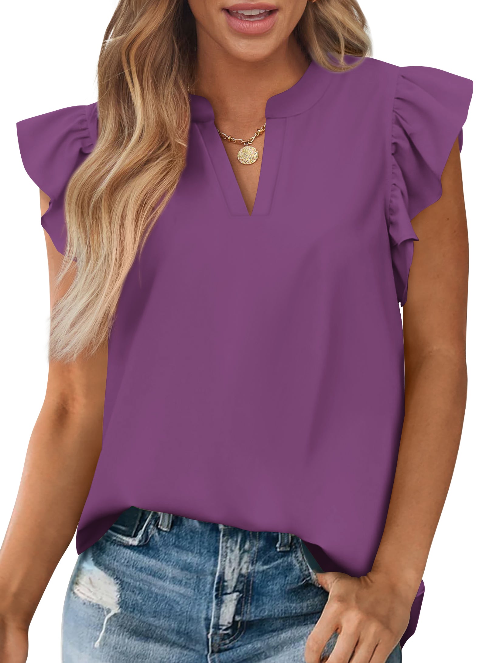 Zenlonr Womens Summer Tops 2025 Casual V Neck Ruffle Cap Sleeve Blouse Shirts Solid Color Tunic Tops