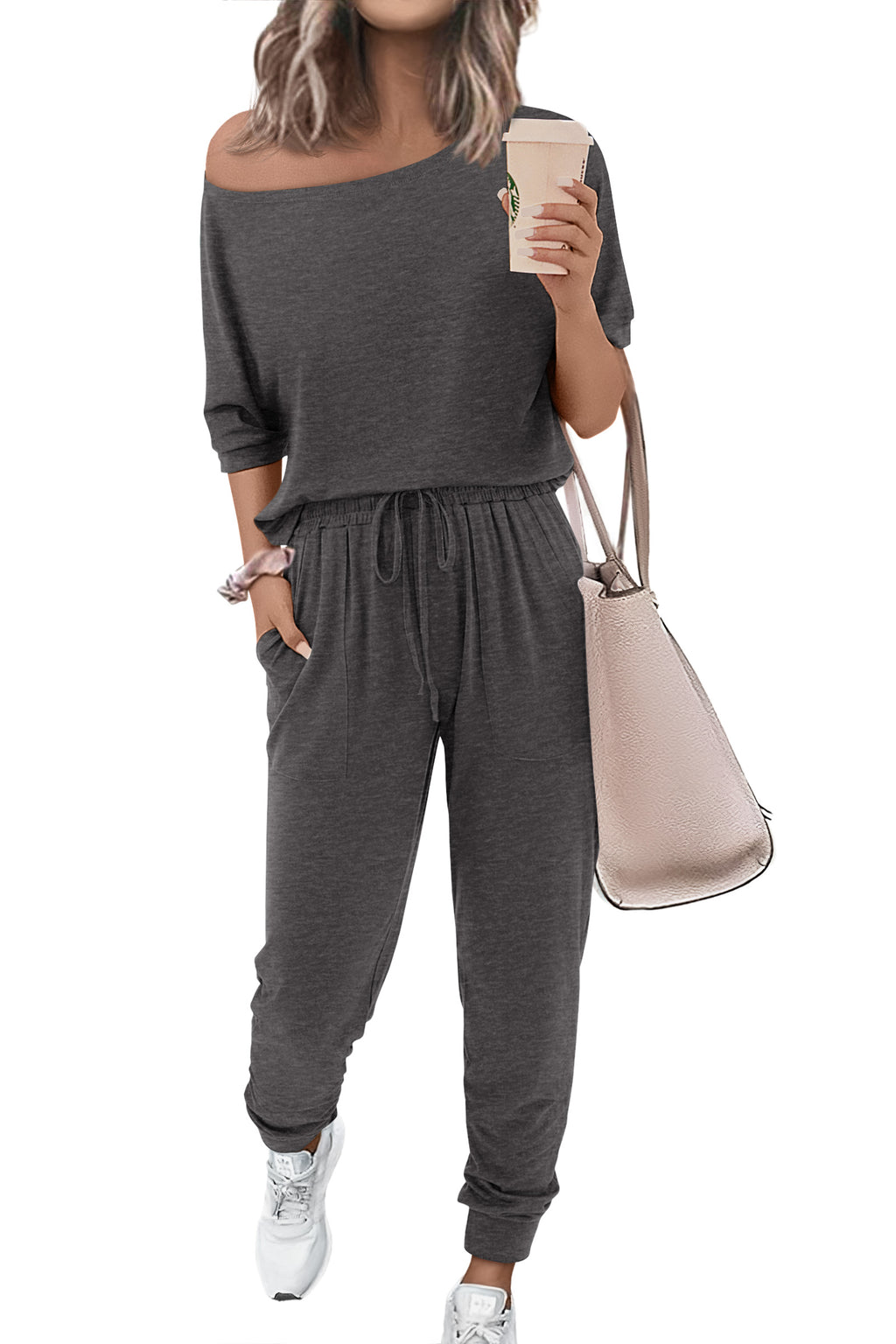 Zenlonr Women Summer 2 Piece Outfits 2026 Off Shoulder Short Sleeve Tops Elastic Waist Drawstring Long Pants Tracksuit
