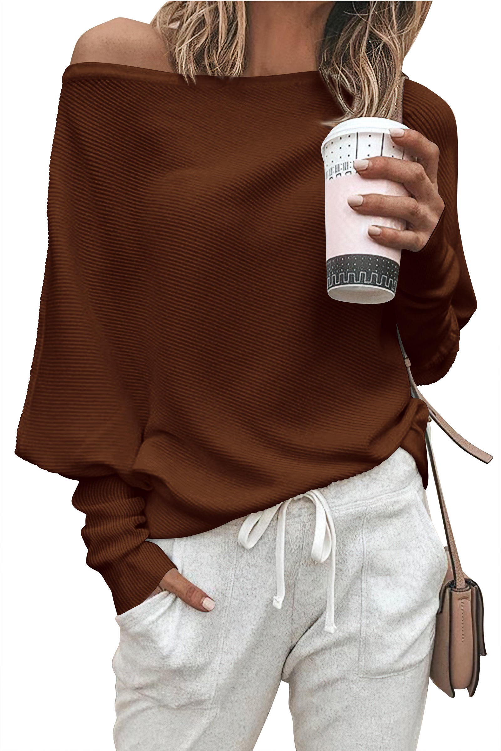 Zenlonr Women's Fall Sweaters 2026 Casual Long Batwing Sleeve Loose Off Shoulder Knit Pullovers Jumper Tops