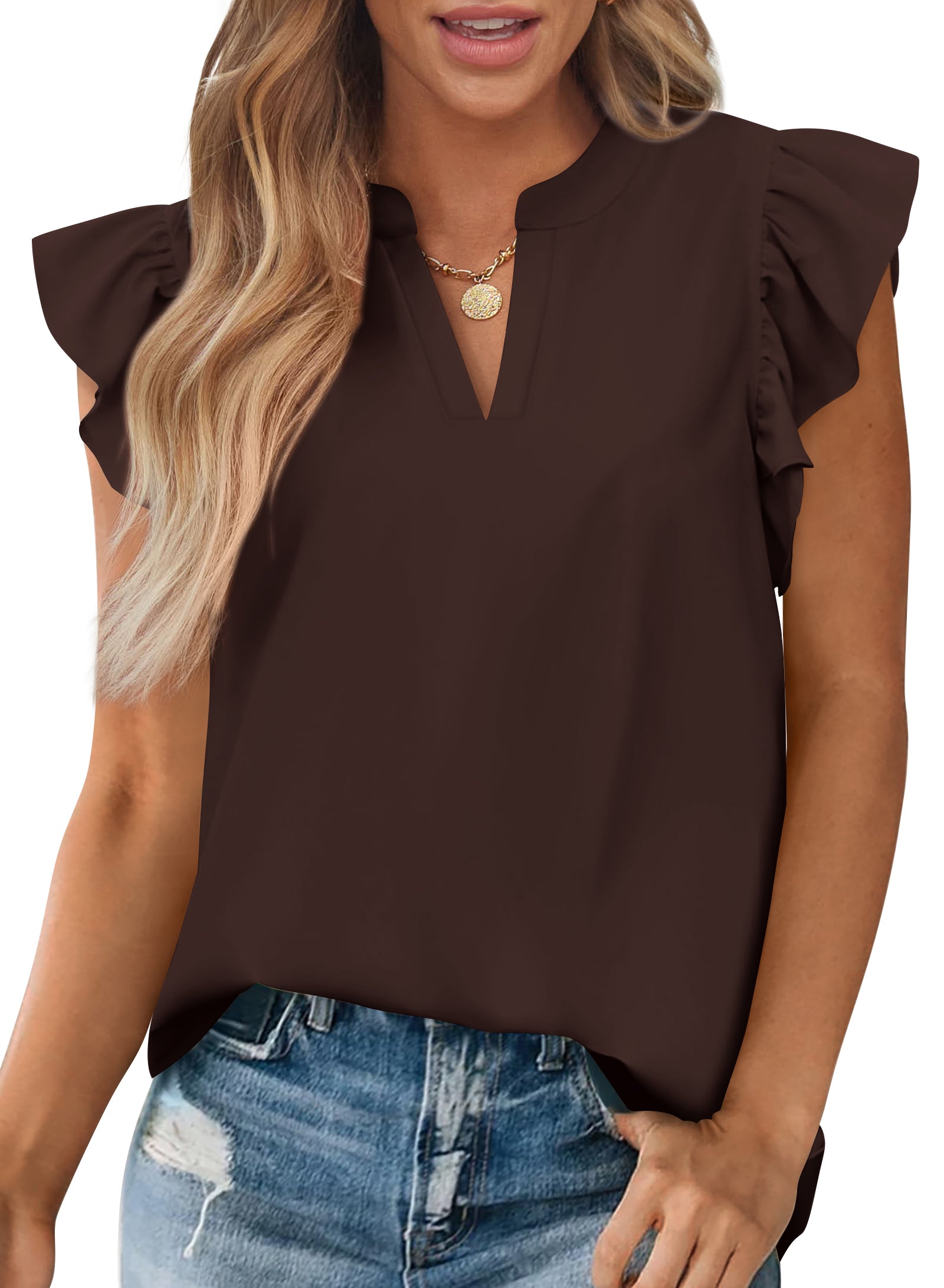 Zenlonr Womens Summer Tops 2025 Casual V Neck Ruffle Cap Sleeve Blouse Shirts Solid Color Tunic Tops