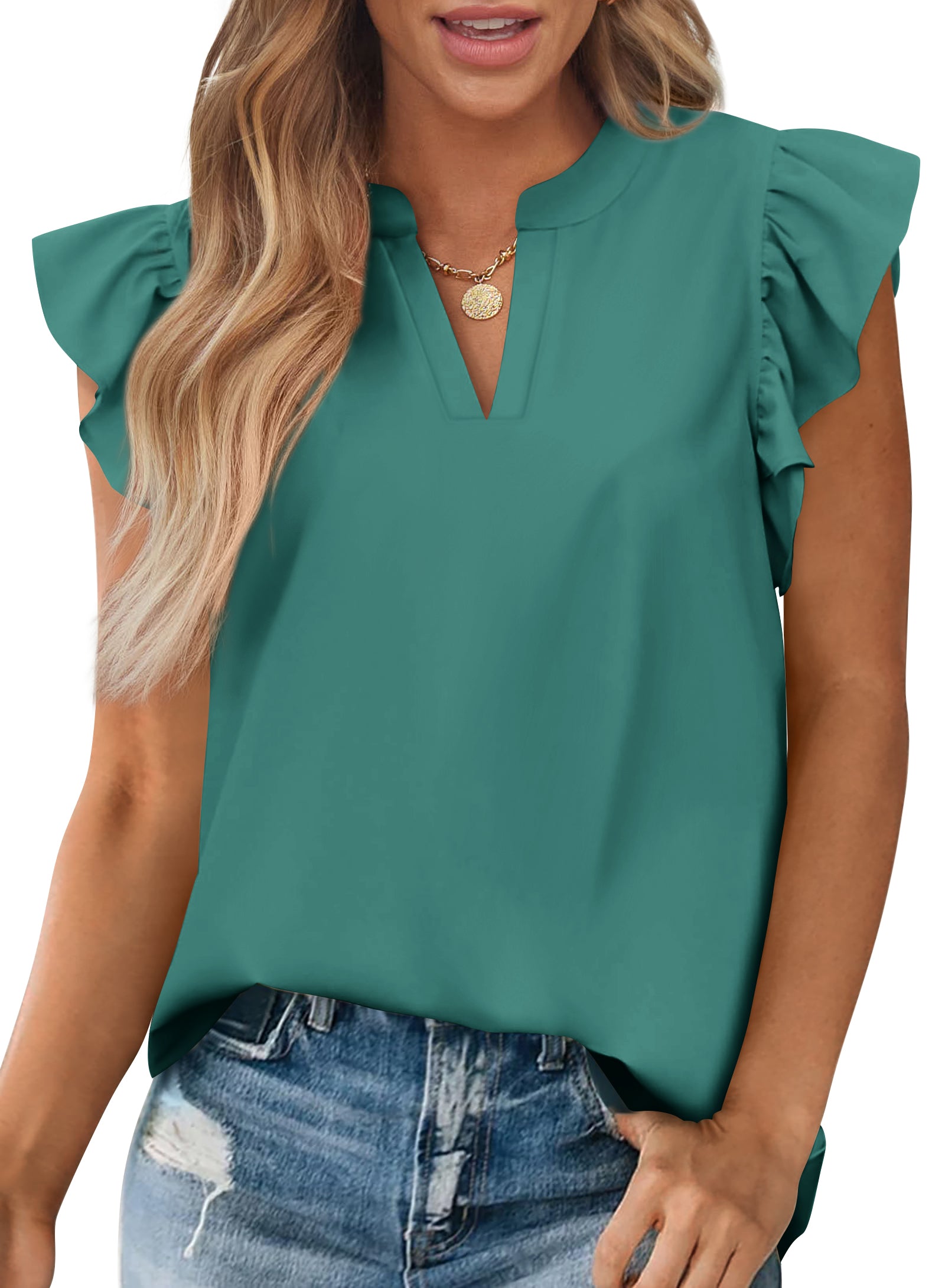 Zenlonr Womens Summer Tops 2025 Casual V Neck Ruffle Cap Sleeve Blouse Shirts Solid Color Tunic Tops
