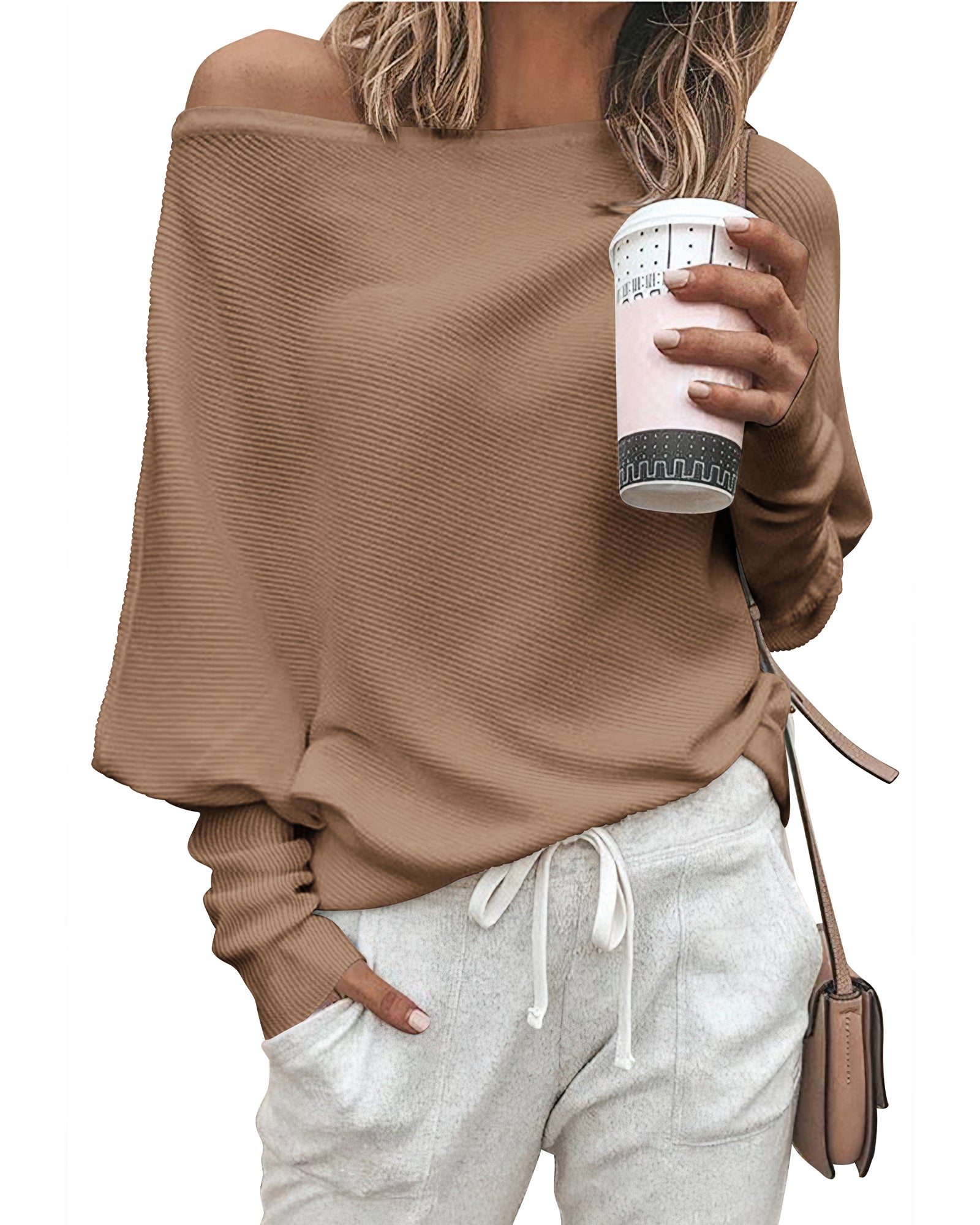 Zenlonr Women's Fall Sweaters 2026 Casual Long Batwing Sleeve Loose Off Shoulder Knit Pullovers Jumper Tops