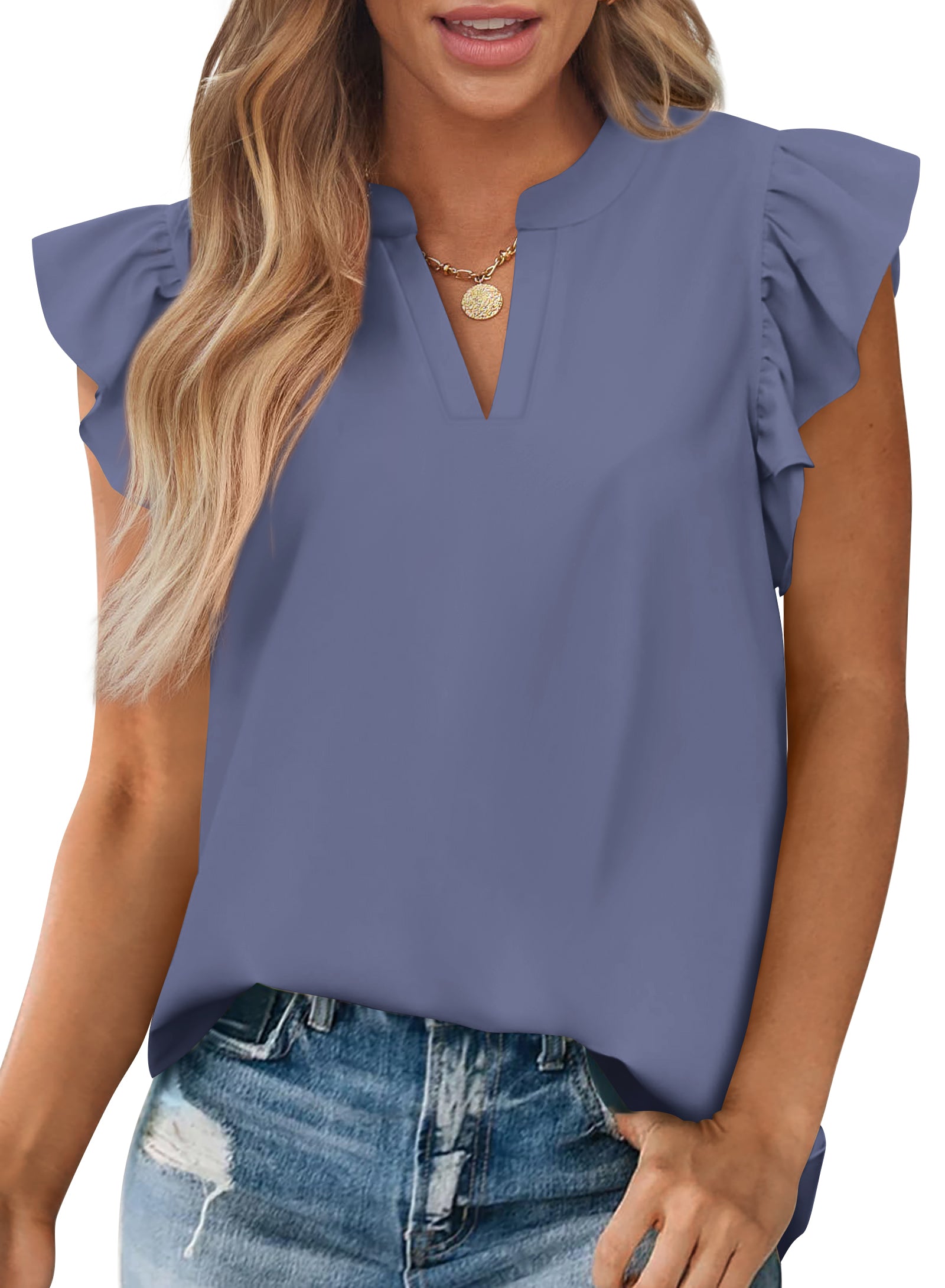 Zenlonr Womens Summer Tops 2025 Casual V Neck Ruffle Cap Sleeve Blouse Shirts Solid Color Tunic Tops