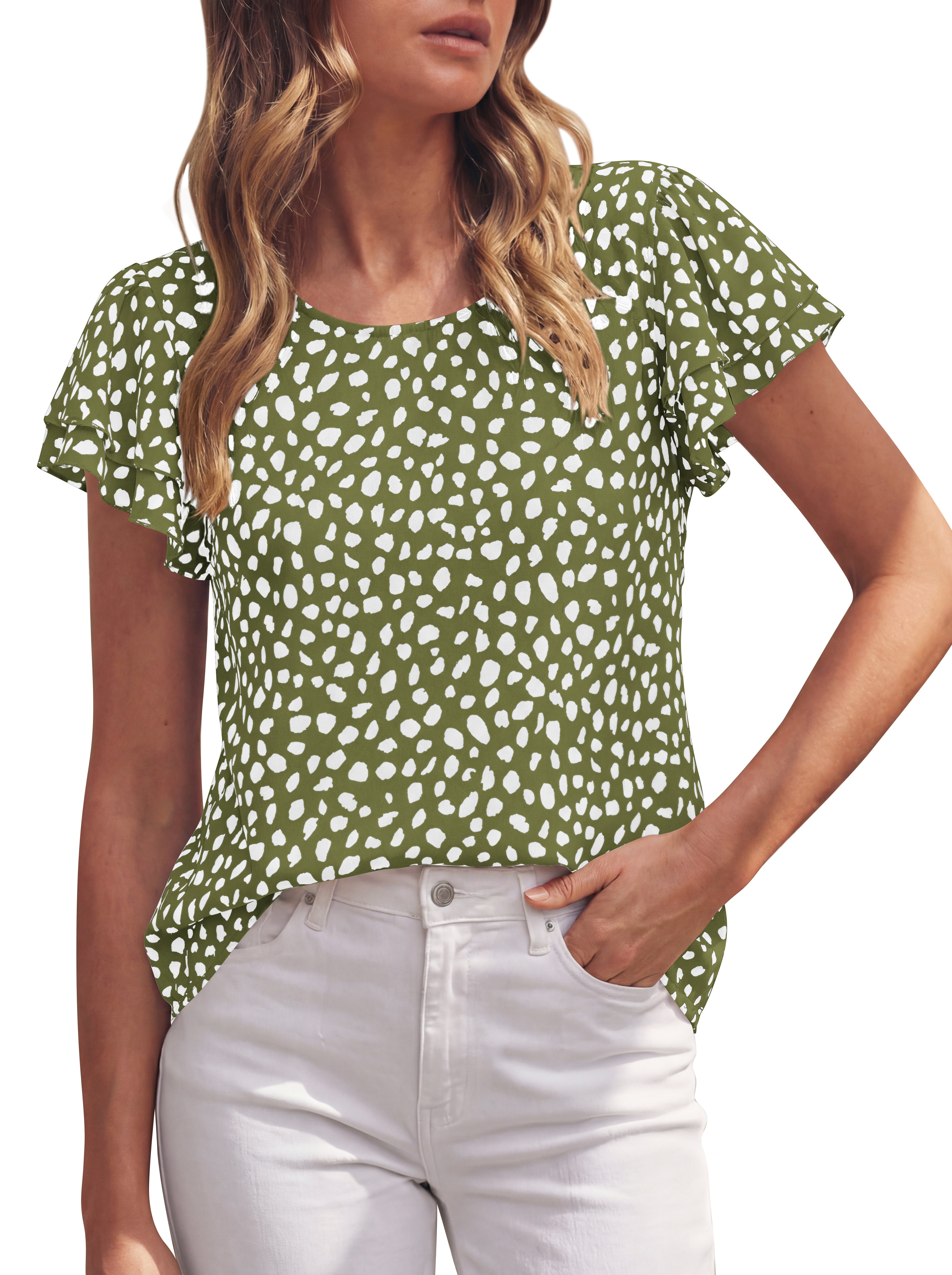 Zenlonr Womens Short Ruffle Sleeve Shirts Crew Neck Summer Shirt Leopard Print Going Out Spring Tops